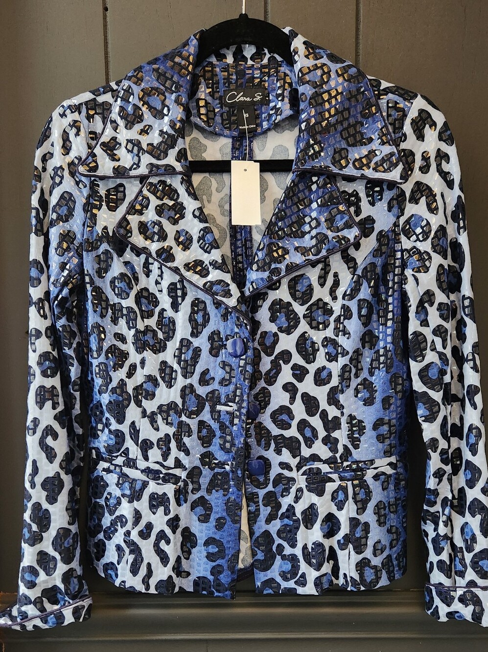 Clara S Blue Sparkle Leopard Print Blazer